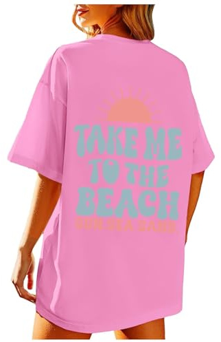 Haut enveloppant, T-shirts graphiques pour femmes Vintage Baggy Chemises esthétiques d'été Coton Vacances Hauts Pulls Asymétrique, Rose, L