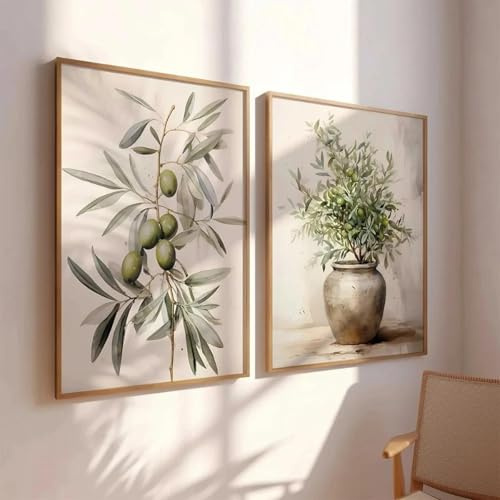 Póster vintage con estampado de rama de olivo en acuarela, impresiones en lienzo botánicas bohemias antiguas, obra de arte de primavera, decoración del hogar, 30 x 40 cm, 2 piezas, sin marco