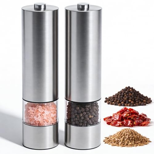 Virklyee 2 Pezz Macina Sale e Pepe Elettrica Macinapepe in Acciaio Inossidabile Macinapepe Elettrico,Luce LED e Rugosità Regolabile (Acciaio Inox 02)