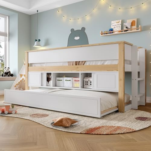 Crlnaup Halvhög säng, 90 x 200 cm, med utdragbar säng, barnsäng, våningssäng, flera förvaringsfack, utan madrass, vit + natur