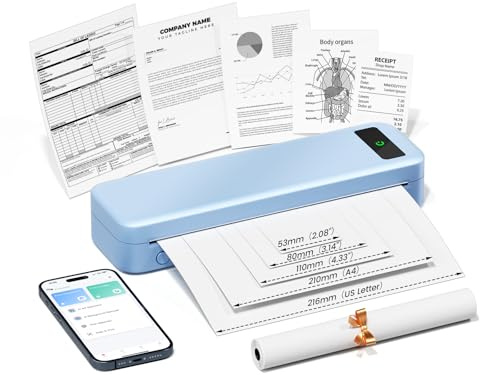 Portable Printers Wireless for Travel, A285M Bluetooth Inkless Thermal Printer Support 8.5 X 11 & A4 Thermal Paper, Mobile Compact Printer Compatible with iPhone Laptop for Home Office Receipt, Blue