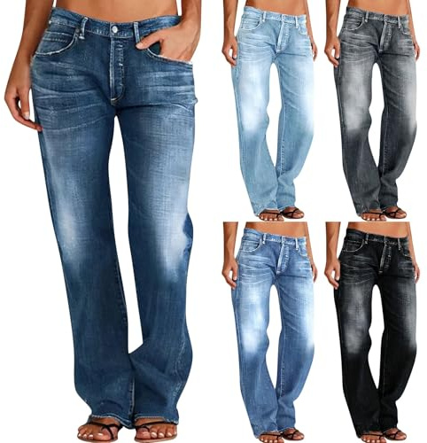 Baggy jeans för kvinnor Y2K damjeans med lös passform | Jeansbyxor med raka ben klassiska tvättade byxor med fickor nedknäppta jeans slitna denimbyxor