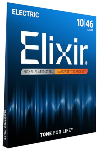 Elixir Strings, Electric Guitar Strings, Nickel Plated Steel with NANOWEB Technology, Longest-Lasting Bright Tone with Comfortable Feel, 6 String Set, Light 10-46