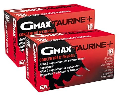 EAFIT| GMAX Taurine | Aide à augmenter les performances physiques | Réduit la fatigue + Augmente la concentration | 400 mg de Taurine, 500 mg de Ginseng, 417 mg de Guarana | 2 Boîtes de 30 Ampoules