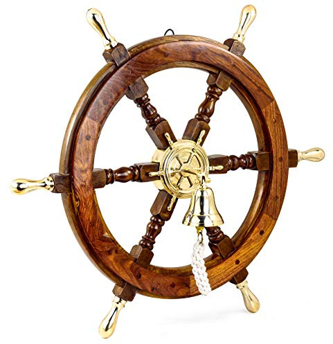 Nagina International Nautical Polished Brass Handle Ship Wheel With Bell | Beach Decor Gift | Pirate's (18 Inches)