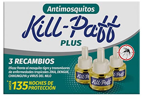 KILL-PAFF | Insecticida Eléctrico | Antimosquitos| Eficaz Contra Mosquito Tigre y Transmisores de Enfermedades Tropicales | Sin Olor|135 Noches de Protección