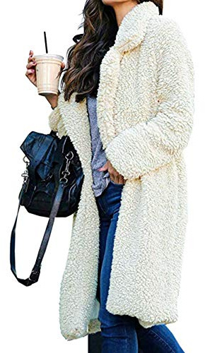 YMING Femmes Veste Longue Fausse Fourrure Cardigan Manteau À Manches Longues Lapel En Peluche Vêtements Extérieurs Fausse Fourrure Manteau Blanc M