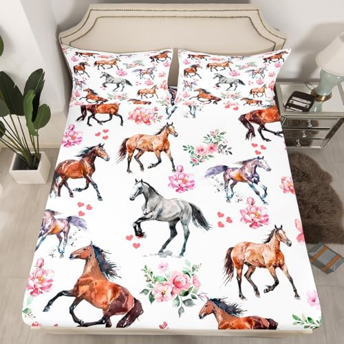Horse Fitted Sheet Twin 2pcs Farm Western Cowboy Cowgirls Bed Sheets Kids Boys Girls Teens Pink Rose Floral Bedding Set Deep Pocket,Cute Lover Heart Kawaii Horse Microfiber Bed Cover,no Top Sheet