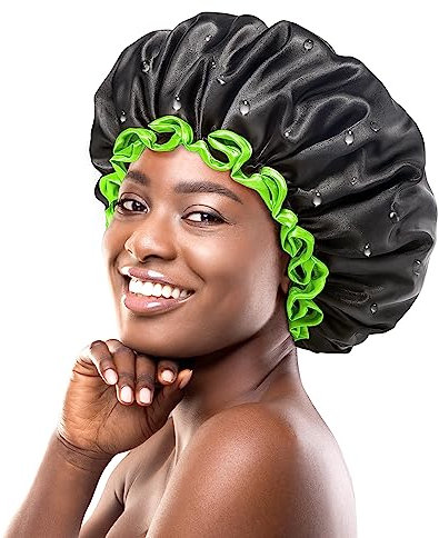 mikimini Extra große schwarze Duschhaube für Damen und Herren, dicke Zöpfe für langes Haar, wiederverwendbare, wasserdichte, doppellagige XL-Badehaarhauben mit leuchtend grünem Rand