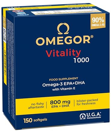 Omegor Vitality 1000 - Supplément avec 1000 mg d'oméga 3 - vitamine E - Pour votre cœur et votre cerveau - Concentration d'oméga 3 à 90% - 5-Star Certificat IFOS - Huile de poisson pure - 150 gélules