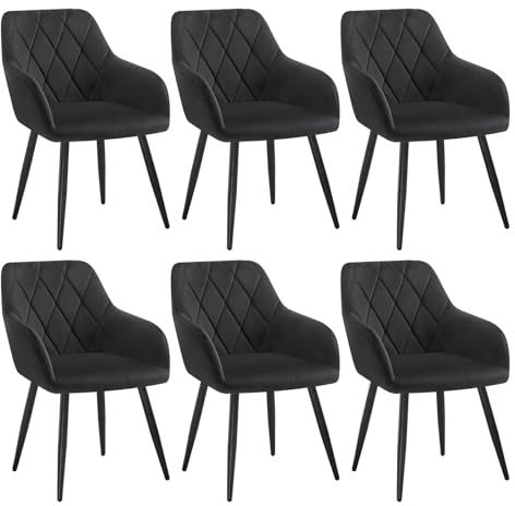 WOLTU Chaises Salle à Manger Lot de 6, Chaise de Cuisine en Velours, Assis Rembourré avec Accoudoirs et Dossier, Pieds en Métal, Noir, BH352sz-6