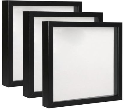 DEMAIKE Elegant Deep Wood Shadow Box Frames - Set of 3 Black 8x8 Inch Display Cases with Real Glass and Linen Backboard, Perfect for Showcasing Tickets, Memorabilia, Awards, and Cherished Photos