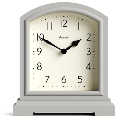 JONES CLOCKS® Tavern Reloj de repisa | Diseño Moderno de la Parte Superior del Arco | Gris Claro | Estilo clásico contemporáneo para Escritorio, Mesa, estantería o mesita de Noche