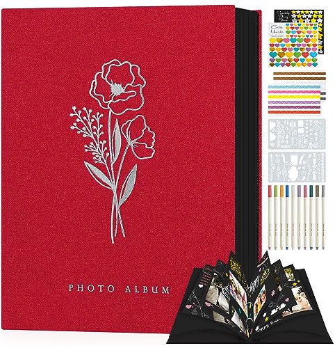 Lanpn Fotobuch zum Selbstgestalten 80 Schwarze Seiten, Leinen DIY Scrapbook Album mit 10 Metall Stifte als Geschenk zum Hochzeitstag, Weihnachte, Geburtstag Freunde und Familie (Rot, 22,5x29,5cm)