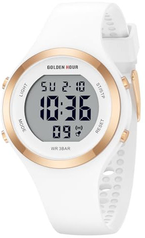 GOLDEN HOUR Digital Uhr Damen 5ATM wasserdichte Sport Chronograph Silikonarmband Armbanduhr Damen Sportlich Elegant Uhren Damen mit Datum Leuchtend Leicht ablesbares Zifferblatt - White
