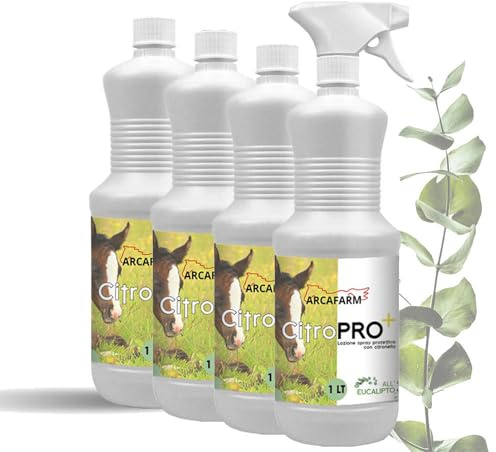 4 Pezzi Repellente Naturale Spray alla Citronella con EUCALIPTO per Cavalli 1 lt Citropro, Lozione anti Insetti Volanti Mosche Zanzare, Protezione Lunga Durata, 100% Made in Italy