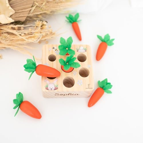 wunderwunsch - Personalisiertes Möhrensteckspiel Holz - Montessori Würfel - Baby Motorikspielzeug ab 1 Jahr - Baby Spielzeug 1 Jahr (Hase, ohne Name)