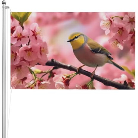 Gartenflagge Vogel im Pfirsichbaum, bedruckt, 1,5 x 2,4 m, doppelseitige Gartenflagge für draußen, Weihnachten, Urlaub, alle Jahreszeiten
