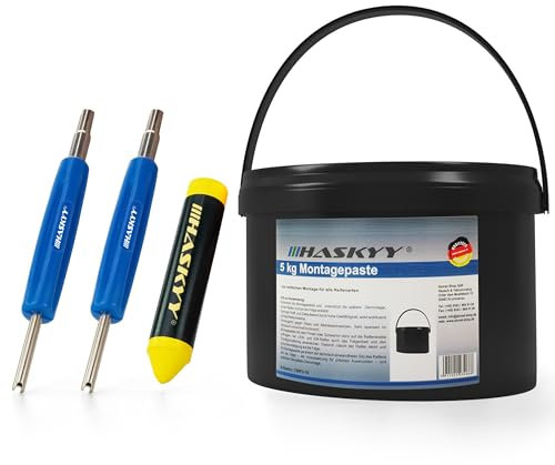 5kg Reifenmontage Montagepaste Schwarz Paste Montagewax Set inkl. 2X Ventileindreher und Fettkreide - Universal Satz für Reifenmontage