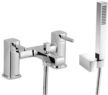 Balterley Bath Mixer Tap with Shower Kit, Dual Lever Square Bath Filler Tap, Rectangular Head Showers for Bathrooms, Bathroom Taps with Shower Head and Hose Set - 235 x 156 x 117mm (Chrome)