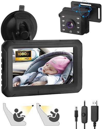 eSynic 1080P HD Baby Car Camera USB Baby Monitor 4.3'' Display Child Mirror Rear Facing for Car Back Seat with Night Vision| 360° Rotating Camera| Adhesive Mount| Wide Angle Fit for 2 Babies Kids Pets