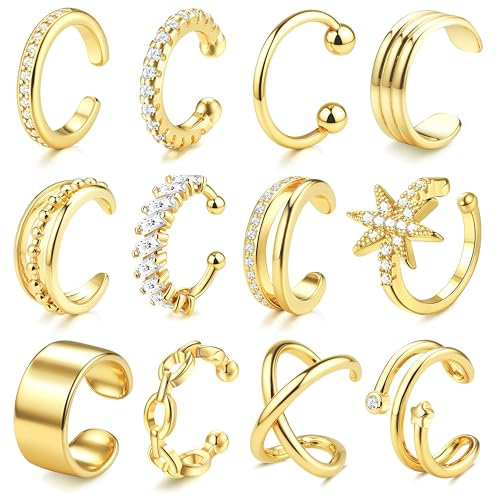 JeweBella Ear Cuff Set Damen 14K Gold Fake Ohrringe Earcuffs Gold/Silber Ohrclips Damen Ohne Ohrlöcher Ohrmanschette Verstellbare Clip Ohrringe Fake Piercing Ohr Knorpel Ohrklemme
