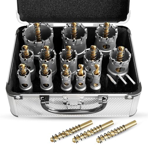 METOTY 19 PCS (1/2 to 2-1/8) Carbide Hole Saw Kit for Metal - Heavy Duty TCT Hole Cutter Drill Bits Set with Titanium Pilot & L-Wrench, for Stainless Steel/Iron/Aluminum | Metal|