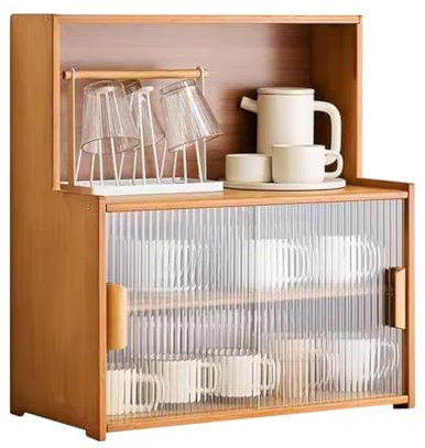 Vitrina de vidrio de chupito, soporte para tazas de café para mostrador, gabinete de almacenamiento, 55 x 28 x 61 cm, acabado de madera marrón, cocina, habitación, despensa, para tarros, tazas,