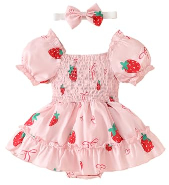 LUVCES Robe d'été pour Nouveau-né Fille Tenue Mignonne Imprimée Fraise Manches Courtes Princesse Robes avec Bandeau Ensemble de Vêtement 2pcs Fraise Rose 6-12 Mois