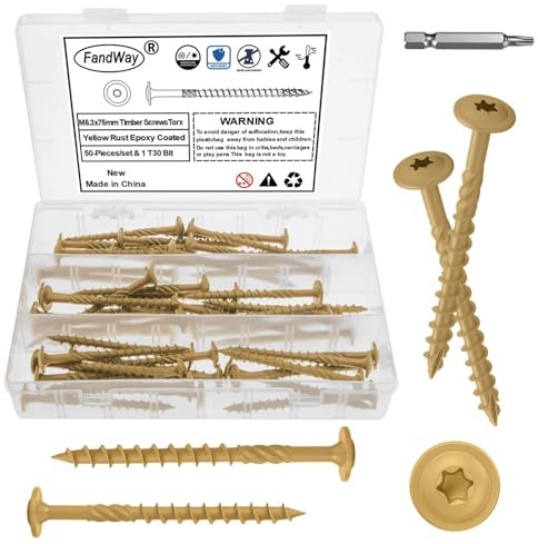 FandWay 50 Pcs Timber Screws,6.3x75mm Heavy Duty Structural Wood Screws,Torx Wafer Head Fixing Deck Screw,Rust Epoxy Coated With T30 Star Bits for Outdoor Log Landscape Frame Construction (Yellow).