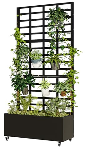 Tcomhk Metal Planter Box with Trellis for Climbing Plants, 74.8x35.83x15.16 Raised Garden Bed with Privacy Screen, Outdoor Planter with Drainage Holes, Black