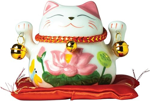 Jade Temple Maneki Neko Winkekatze Weiß-Pink, klein, Spardose, japanische Glücksbringer Katze, asiatisches Deko-Objekt, Porzellan, 10cm Höhe, 12cm Durchmesser, mit Kissen, 1 Stück in Geschenkbox