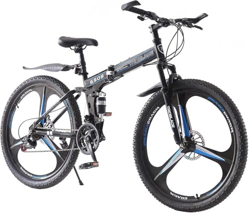LSBIKE 24 26 27.5In Foldable Mountain Bike Dual Suspension Hardtail Bicycle Men Women Mountain Bike 21 Speed Drivetrain Lightweight Frame Sport Cycling Bike for Adult (Black Blue, 24inch)