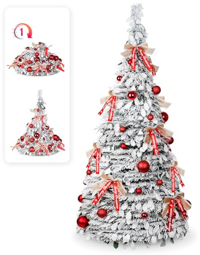 Artecreativa 180cm Árbol de Navidad Plegable, árbol de Navidad Artificial en Blanco nevado con Adornos navideños y Lazos, Montaje fácil, decoración para Fiestas navideñas