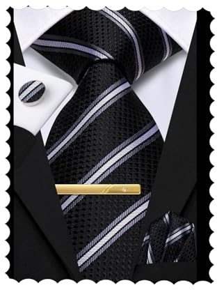 Hi-Tie Black White 70 Extra Long Ties for Men Silk Mens Long Ties and Hanky Cufflinks Clip Pin Set Necktie for Business