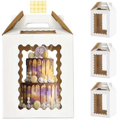Yinlinsta 3 Pack 12in Tall Cake Boxes for Tier Cakes, 12x12x14 Inch Tiered Cake Box,Tall Cake Carrier with Window, 10in 12in Large Tierd Bakery Take Out Transport Containers with Handle