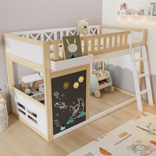 Lit mezzanine 90 x 200 cm, lit enfant avec petit tableau à peindre avec récipient,lit superposé enfant garde-corps de sécurité, espace de rangement réglable individuellement sous le lit, blanc