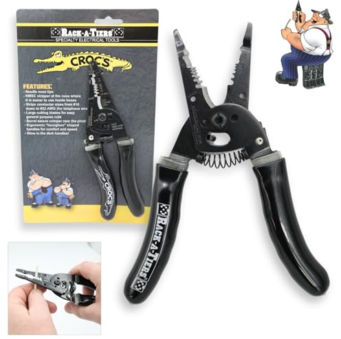 Rack-A-Tiers Croc's Sr. Needle Nose Wire Strippers, Electrician Wire Crimper & Stripper, Wire Stripper Cutter, Ergonomic Glow-in-the-Dark Handles, Wire Insulation Stripper (47000)