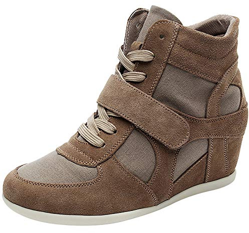 rismart Femmes Talon Compensé Confortable Mignon Boucle Suede&Tissu Baskets Mode Chaussures 8522(Kaki,EU38.5)