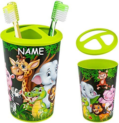 alles-meine.de GmbH Zahnbürstenhalter/Kinderzahnputzbecher - lustige Zootiere - inkl. Name - Zahnbürstenbecher - für Zahnbürste - Becher - Kinderzahnbürste Babyzahnbürste - Mäd..