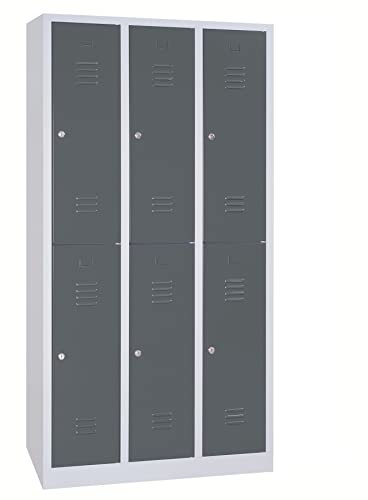 Schrank & Stuhl Spind – Metallspind mit 3 x 2 Abteilen 195 x 90 x 50 cm, Schließfachschrank mit Zylinderschlössern, Lieferung komplett montiert, Grau/Anthrazit