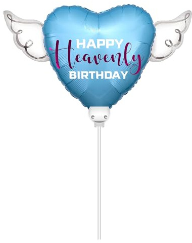Heavenly Balloons Happy Heavenly Birthday Balloon on a Stick Blue 8 Heart with Angel Wings, Memorial Grave Decoration, in Loving Memory, Cemetery Remembrance Gift
