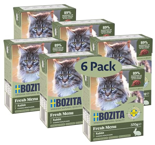 Bozita Tetra Häppchen mit Kaninchen in Gelee – 6x370g getreidefreies Katzenfutter ohne Zuckerzusatz – mit 7,5% Protein, 5% Fett – besonders feiner Fleischgeschmack & gentechnikfrei
