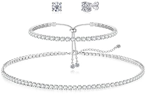 HAXIYA Tennis Necklace Set for Women Crystal Bracelet Imitation Diamond Earrings Wedding Jewelry for Bride Sterling Silver Plated Jewelry Sets Pack of 3 Gift