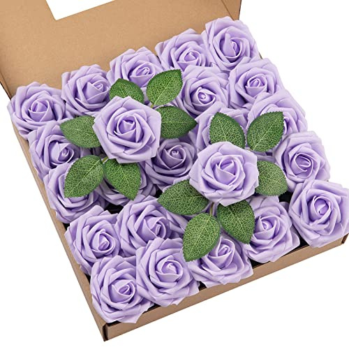 DuHouse 25 st konstgjorda rosor blommor falska rosor med stjälkar äkta touch skumblommor för gör-det-själv bröllopsbukett fest bordsuppsats blomsterarrangemang fest heminredning (Lilac)