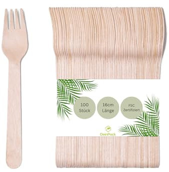 DeinPack 100 forchette in legno di betulla, 16 cm, biodegradabili, posate sostenibili, posate usa e getta, posate in legno