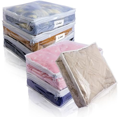 Heonay Clear Zippered Storage Bags Plastic Sweater Storage Bags with Zipper 6 Packs Clothing Organizer for Blankets Linen Sweater Bed Sheet Quilt Clothes Pillow (15.7 x 13.8 x 3.9 Inch, White)