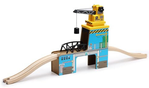 SainSmart Jr. Wooden Train Set Accessories, Magnetic Rotary Crane Set with Track for Kids Compatible with Thomas, Brio, Chuggington, Melissa and Doug