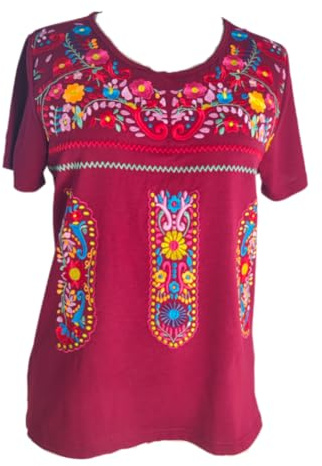 MAVIS LAVEN Blusa de verano para mujer, estilo bohemio, con bordado mexicano, media manga, cuello en V, túnica, blusas, 1-Vino Rojo, L