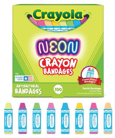 Crayola Shaped Neon Antibacterial Bandages for Kids, 100 CT - Adhesive Bandages for Minor Cuts, Scrapes, & Burns. Great Stocking Stuffer or White Elephant Gift